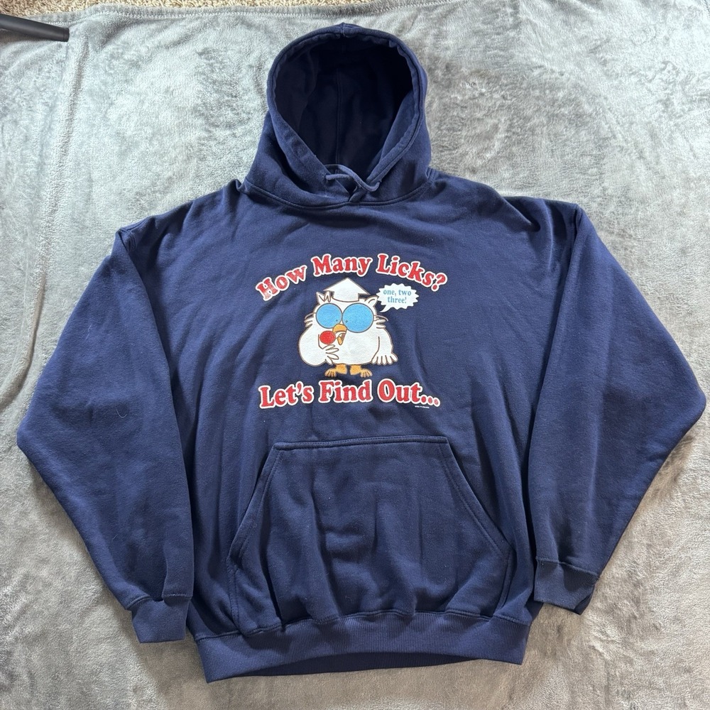Vintage Y2K Graphic Hoodie Mens L Blue How Many Licks Tootsie Pop Owl Commercial